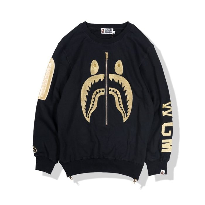 BAPE Gold Shark Zipper Print Pullover Sweater