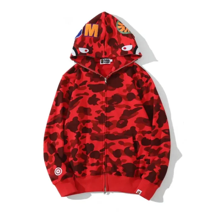 BAPE Red Full Camo Shark Hoodie
